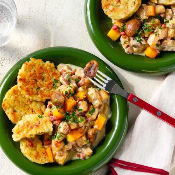 Semmelknödel mit Kürbis-Maronen-Ragout