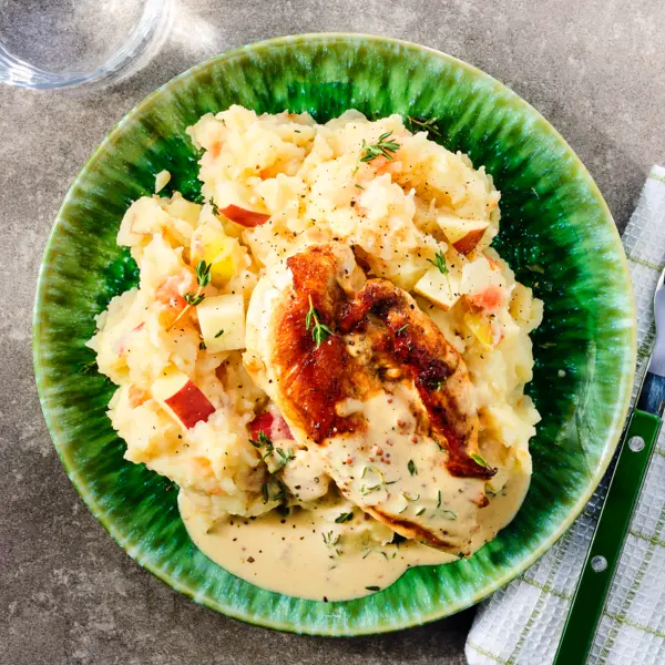 Kartoffel-Selleriepüree mit Honig-Senf-Hähnchen