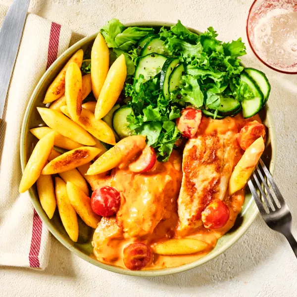 Cremiges Hähnchenfilet mit Schupfnudeln und Salat