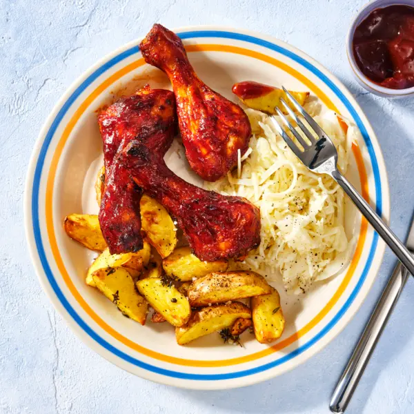 BBQ-Hähnchen-Keulen mit Kartoffelspalten und Krautsalat