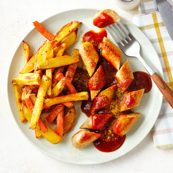 Veggie Currywurst mit Ofenpommes