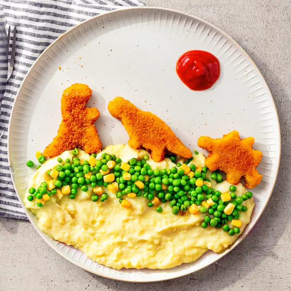 Vegane Dino-Nuggets mit Kartoffelstampf