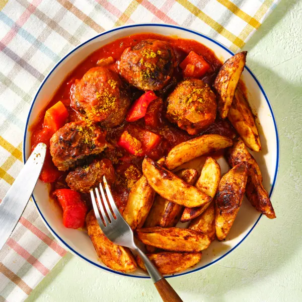 Mini-Curryfrikadellen mit Kartoffelwedges
