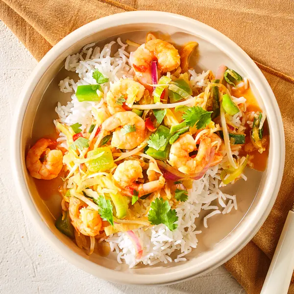 Reispfanne mit süß-sauren Garnelen