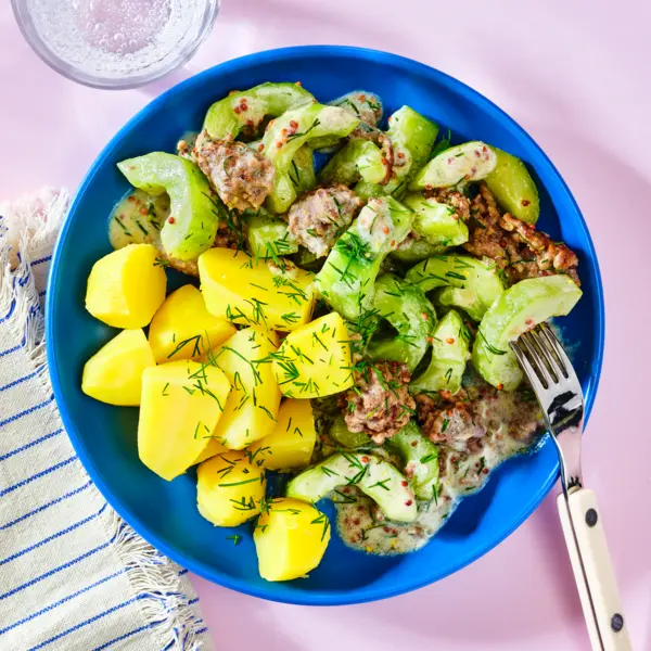 Schmorgurken mit Hackfleisch und Salzkartoffeln
