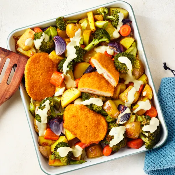 Ofengemüse mit veganem Cordon Bleu