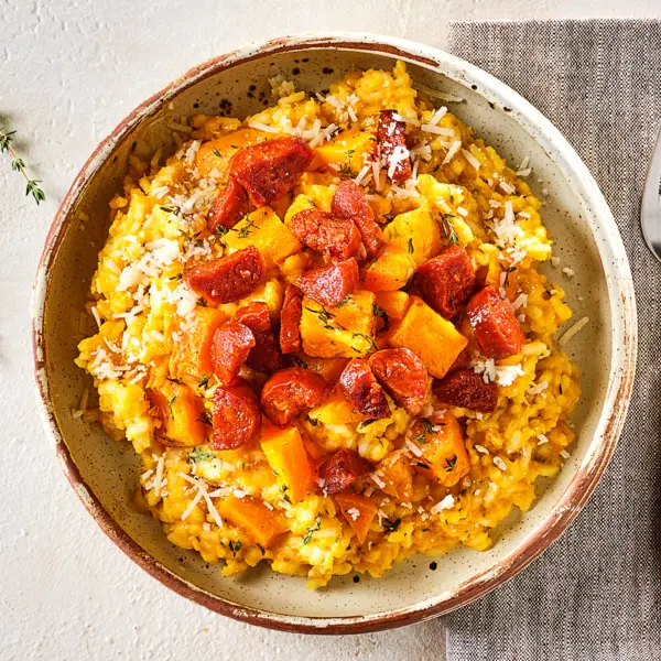 Kürbisrisotto mit knuspriger Chorizo