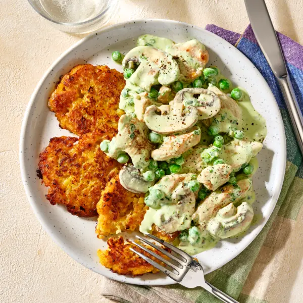 Bärlauch-Rahm-Geschnetzeltes mit Reibekuchen