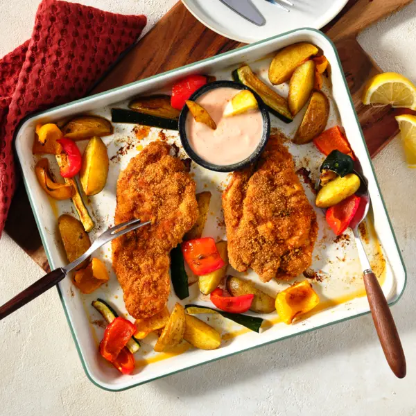 Putenschnitzel aus dem Ofen mit Ofengemüse