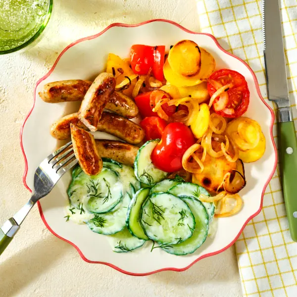 Nürnberger Würstchen mit Bratkartoffeln und Gurkensalat