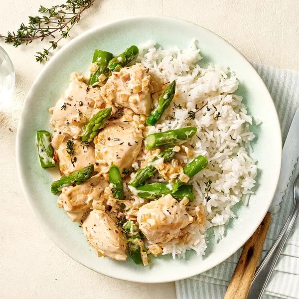 Hähnchen-Spargel-Pfanne mit Reis
