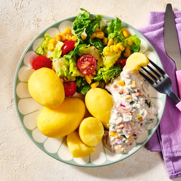 Pellkartoffeln mit Thunfischcreme und buntem Salat