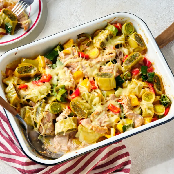 Schnelles Maultaschenblech mit Schnitzel