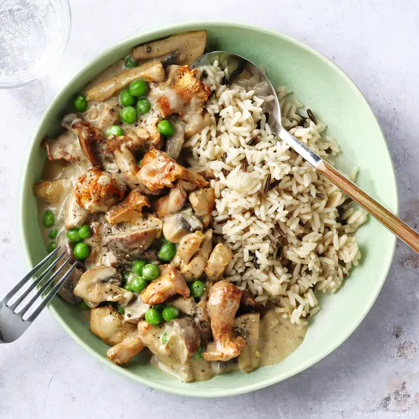 Putengeschnetzeltes mit Pfifferlingen und Reis