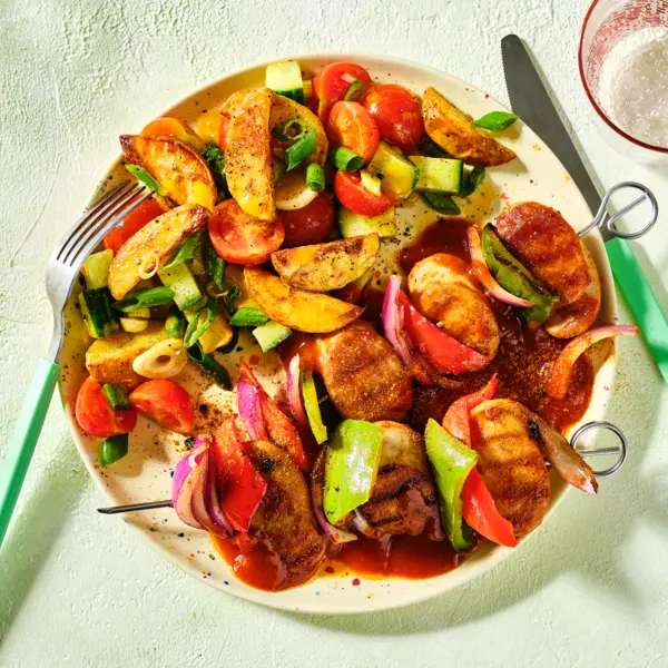 Currywurst-Spieße mit Kartoffel-Wedges-Salat