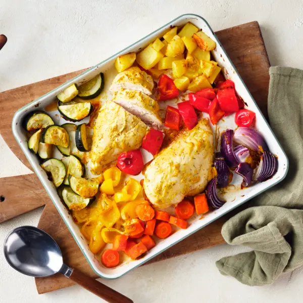 Buntes Ofenhähnchen mit Honig-Senf-Soße