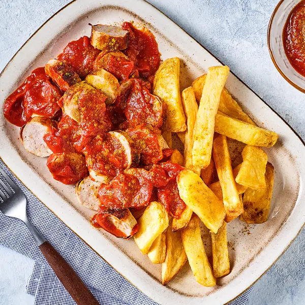 Currywurst mit Soße und Pommes