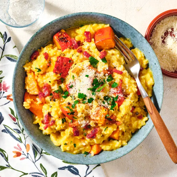 Einfaches Kürbisrisotto mit Bacon